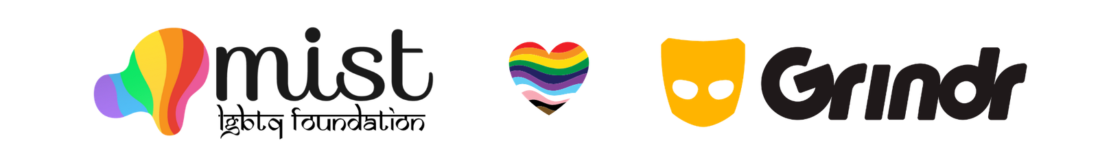 Image with brand logo of Mist LGBTQ Foundation and Grindr Dating Application with a rainbow heart in centre to showcase collaboration.