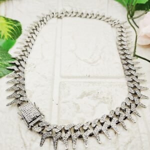 GMB – Bling Spiked Chain Cuban Links Iced Out Necklace - Silver Tone