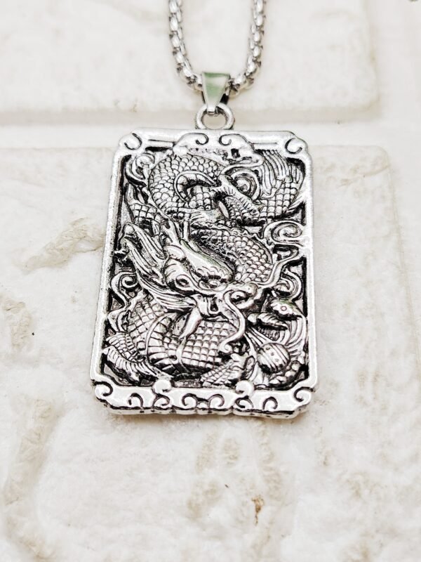 GMB – Silver Tone Large Dragon Pendant and Chain